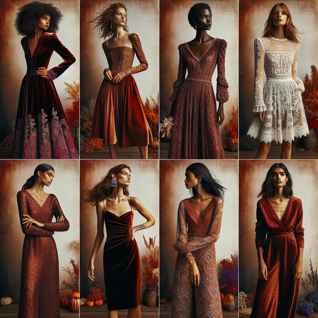 Discover Stunning Fall Wedding Guest Dresses Imagine a collection of breathtaking fall wedding guest dresses. Picture a wardrobe filled with fashion for every type of style, from bohemian chic to classic elegance. There's a dress with an A-line silhouette, made from rich burgundy velvet, perfect for embracing the warmth of autumn hues. Another is an ethereal, lacy, long-sleeved dress that whispers of the fallen leaves. Among the dresses, there is also a sleek, fitted black satin dress that adds a touch of modern sophistication. There's yet another dress, in a comfortable yet elegant jumpsuit style, in a vibrant shade of burnt orange. The models showcasing the dresses represent different descents and genders: a Hispanic female model, a Black male model, a Caucasian non-binary model, and a South Asian feminine model. This picture captures the essence of a fall wardrobe for wedding guests.
