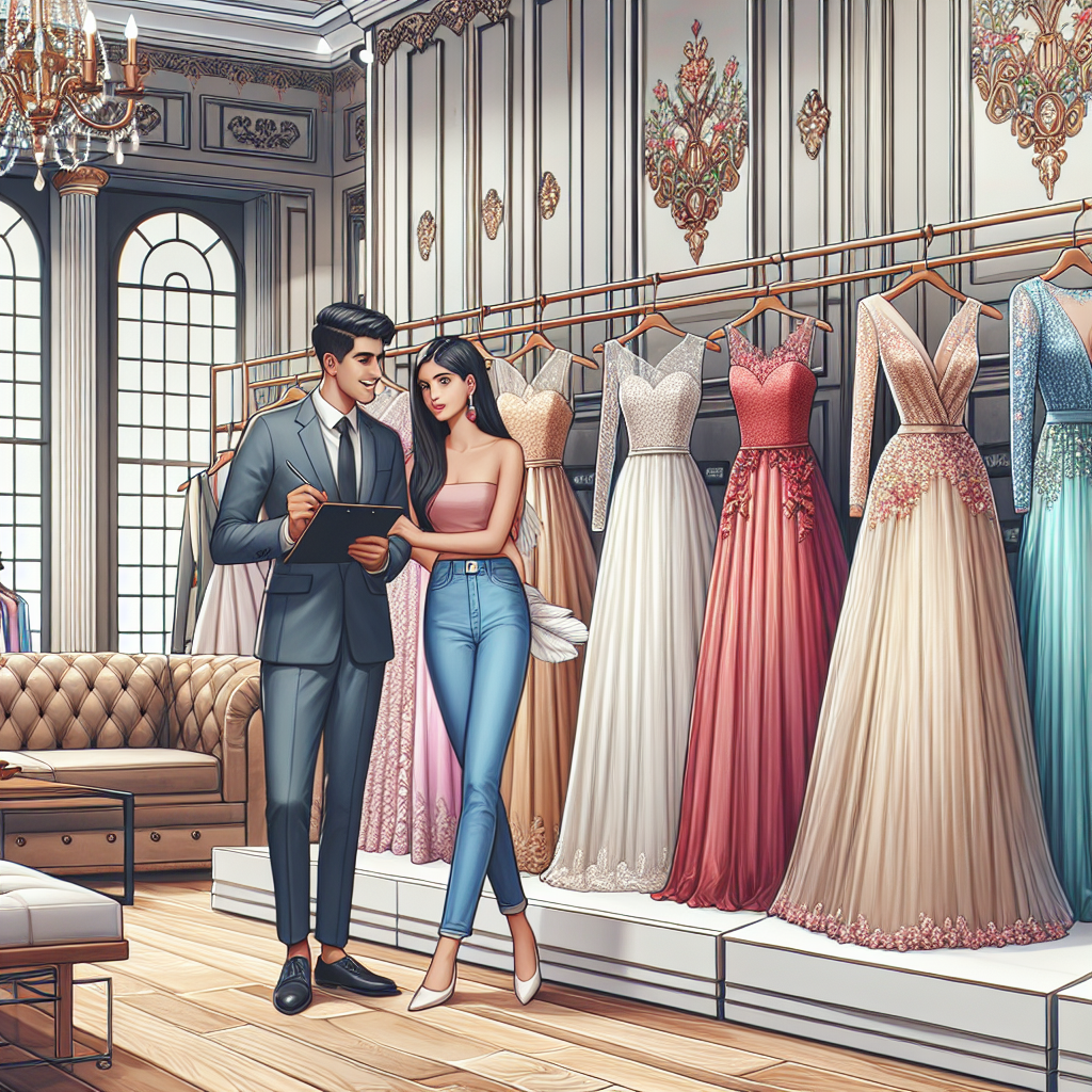 Find Stunning Wedding Guest Dresses: Your Best Shops A visual representation of a variety of beautifully designed wedding guest dresses hanging elegantly in an upscale boutique shop. The interior should be tastefully decorated, featuring ornate details that give it a luxurious feel. The dresses should range in styles, from classic to modern, and diverse in colors, from pastels to vibrant hues. Next to these dresses, an enthusiastic shop assistant, a South Asian man, is helping a young Hispanic woman who is looking to find the perfect outfit for an upcoming wedding. A communal fitting room is subtly visible in the background.