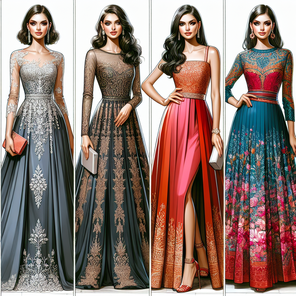 Discover Must-Have Formal Wedding Guest Dresses Create a vivid scene showcasing a collection of beautiful formal wedding guest dresses. The first dress should be an elegant floor-length gown adorned with intricate lace detailing, designed for a Caucasian woman. Next to it, feature a chic cocktail dress with a standout color, ideal for a Hispanic woman who loves to embrace her vibrant culture. Envision a stunning A-line dress with a bold print, just right for a Middle-Eastern woman who epitomizes style with a blend of tradition. Lastly, illustrate a sleek, minimalist sheath dress that captures the modern simplicity appreciated by a South-Asian woman.