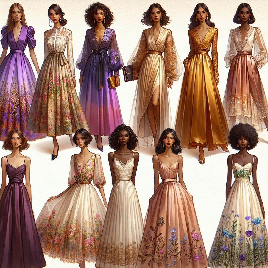 Must-Have Wedding Guest Dresses: Season's Best An array of must-have guest dresses for a wedding season, meticulously laid out against a serene palette. The first dress is a cocktail dress in vibrant hues of purple and gold, tailored to a middle-aged Middle-Eastern woman. The second is a long breezy dress encapsulating a boho-chic style for a young African woman. The third is a sophisticated satin gown in antique rose for an equally sophisticated Hispanic elder woman. The fourth is a spring-themed dress adorned with pastel floral prints for a South Asian teenager. Lastly, a timeless little black dress for a Caucasian woman in her early thirties.