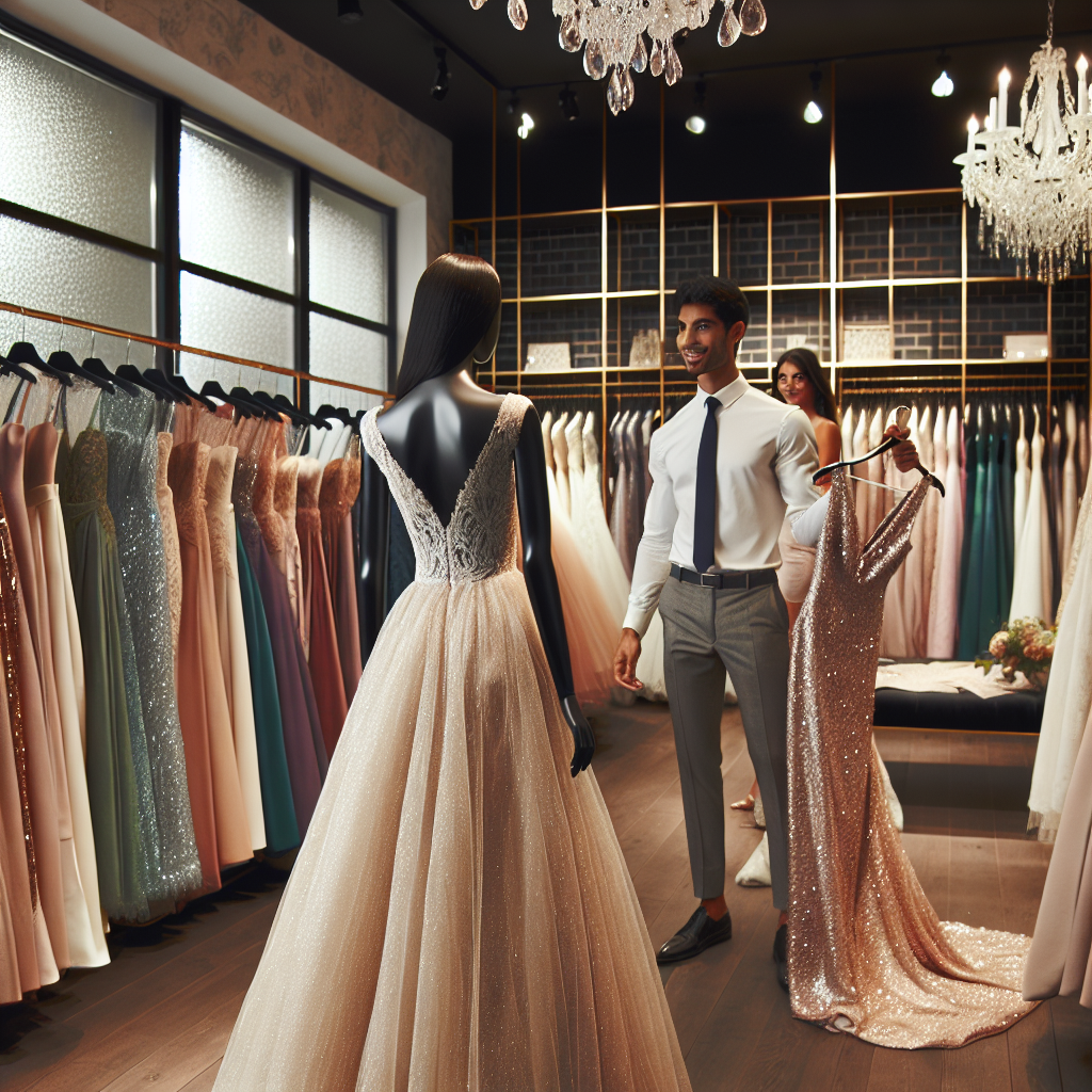 Discover Stunning Wedding Guest Dresses In Person Imagine a well-lit, spacious boutique filled with racks of stunning wedding guest dresses. These dresses come in a variety of styles, from elegant gowns to chic cocktail dresses, in a range of soft pastels to deep jewel tones. There is a mannequin, dressed in a breathtaking lace number, that stands near a mirror, allowing viewers to visualize the complete look. Further in the background, a dark-skinned woman smiles, wearing a beautiful satin gown, enhancing the atmosphere of the boutique. To capture the essence of the personalized shopping experience, the shop assistant, an Asian man, is advising a Caucasian woman on a dress choice, lifting a sparkling sequined dress from a nearby rack.