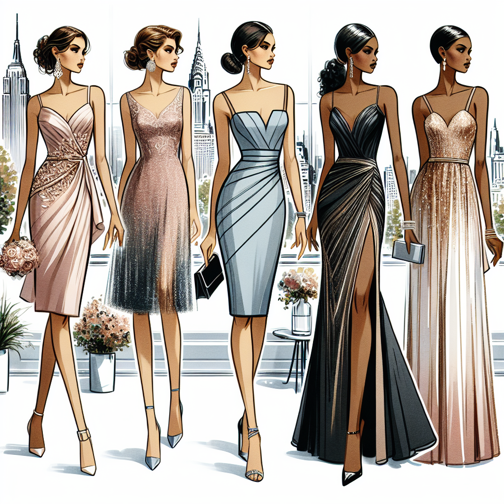 Find Must-Have Semi Formal Wedding Guest Dresses Create a captivating illustration of a variety of semi-formal wedding guest dresses. Display dresses that are appropriate for different types of occasions and seasons. A dress fitting for a summer garden celebration, a sleek dress perfect for a city wedding, and an elegant dress suitable for a fall event. The dresses should radiate sophistication and style. Please show a diverse group of women wearing them. For instance, a Hispanic woman wearing the summer garden dress, a Middle-Eastern woman in the chic city wedding dress, and a Black woman adorning the elegant fall dress. Set the scenery for each dress to match the theme of the event.