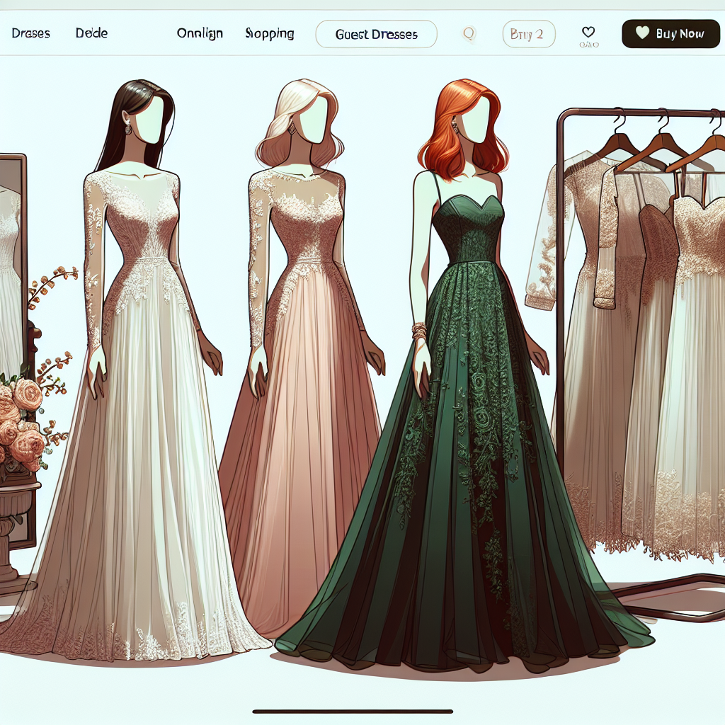 Discover Stunning Guest Wedding Dresses Online Create a collection of three guest wedding dresses displayed prominently on an online boutique, each with unique designs and materials. The first dress, worn by a Middle-Eastern woman, should be an elegant, long-sleeved chiffon dress in soft blush pink. The second dress, fitting a Caucasian woman, should be a mid-length, sleeveless satin dress in a stunning emerald green, complementing her red hair. The final dress, draped on a mannequin, should be a floaty, lace embellished number in a timeless champagne color. Surrounding the dresses are sales tags and a 'buy now' button, reflecting the online shopping context.