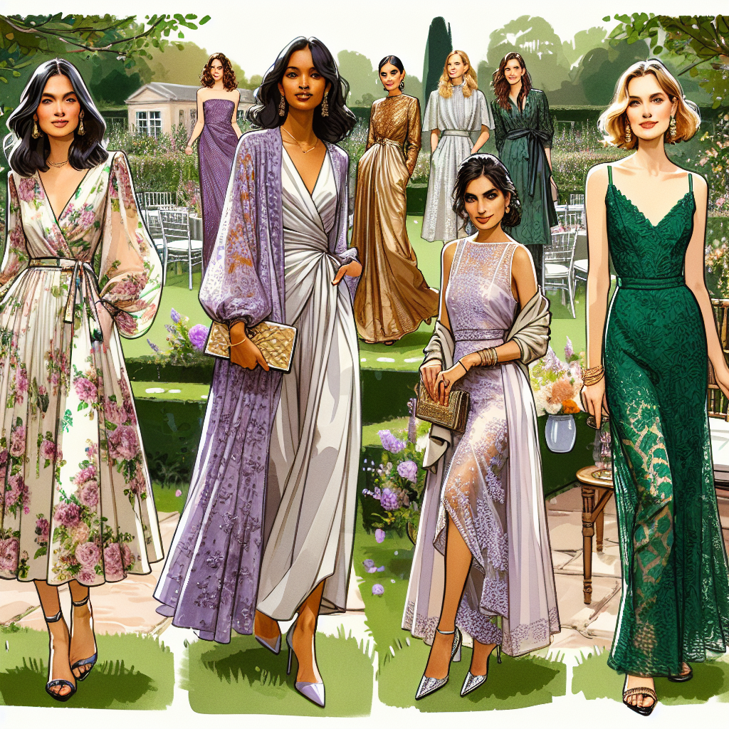Imagine attending a garden wedding. Half a dozen guests are milling about, enjoying the beautiful day. Each guest is uniquely attired in stunning wedding guest dresses that exude elegance and style. One woman of Hispanic descent wears a chiffon floral-print midi dress with flutter sleeves. Another woman, who is Black, looks timeless in a floor-length silk dress in a gorgeous lavender hue. A South Asian woman complements her sari with a gold-embroidered bolero jacket. There's also a Middle-Eastern woman radiant in an emerald green lace cocktail dress. Finally, a White woman and a woman of East Asian descent stand together, the former in a chic jumpsuit, the latter in a lively polka dot dress. The fashion choices are as diverse as the women themselves, showcasing everyone's personal style.