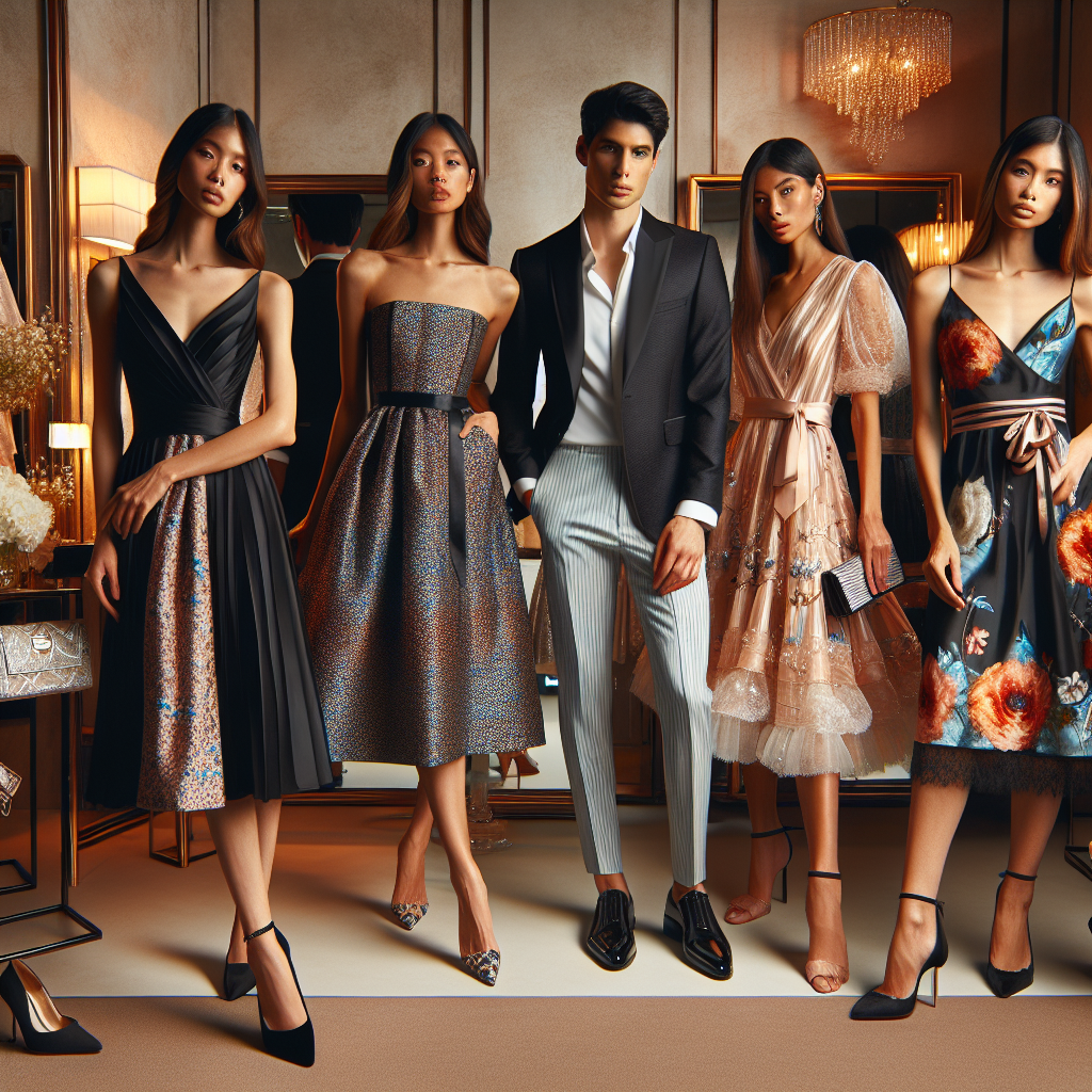 Find Must-Have Dresses for Wedding Guests A curated showcase with a variety of elegant dresses suitable for wedding guests. The collection includes a midi length classic black dress on an East Asian woman, a cocktail dress on a Middle Eastern man and a floral summer dress on a Hispanic woman. A South-Asian man models in a sleek silk suit. The setting is a chic boutique with warm lighting, a large mirror on one side reflecting all the outfits. Each attire showcases unique fabric cuts and patterns, representing a wide range of personal styles. Also, some trendy accessories like clutches & shoes complement the outfits.