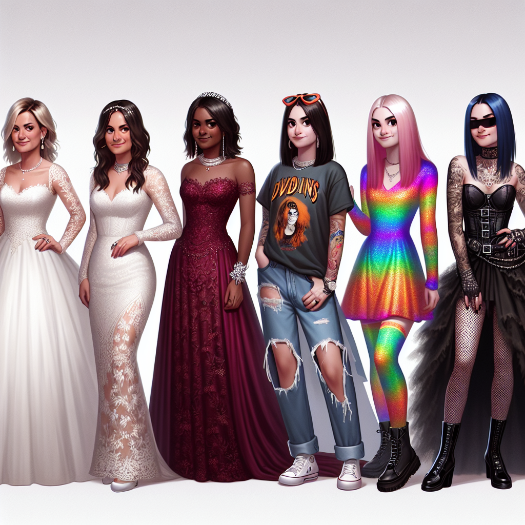 Visualize a selection of five different women, each of a unique descent which include Caucasian, Hispanic, Black, Middle-Eastern and South Asian, wearing various guest dresses that are considered breaches of wedding etiquette. Portray the first woman wearing a white lace dress, the second one wearing an overly embellished maroon gown, the third one in blatantly casual jeans and t-shirt, the fourth one in a loud neon mini dress, and the fifth woman in a gothic black dress. All the women have a confused or inappropriate expression as they are clearly out of place in the respectfully decorated wedding background.