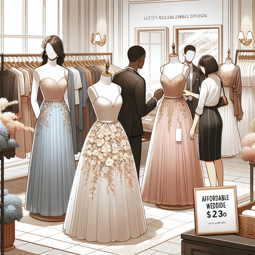 Find Stunning, Affordable Wedding Guest Dresses Now A retail scene depicting a range of affordable wedding guest dresses on mannequins. The dresses vary in style, color, and design to cater to diverse personal tastes. They should appear elegant and chic, suitable for a joyous wedding ceremony. The background could include a boutique store, with racks of clothes, mirrors and a fitting room visible. A tag on one dress displays an attractive, reasonable price. An Asian female shop assistant is helping a Black male customer to choose a dress. Please ensure a feeling of affordability with luxe appeal in this image.