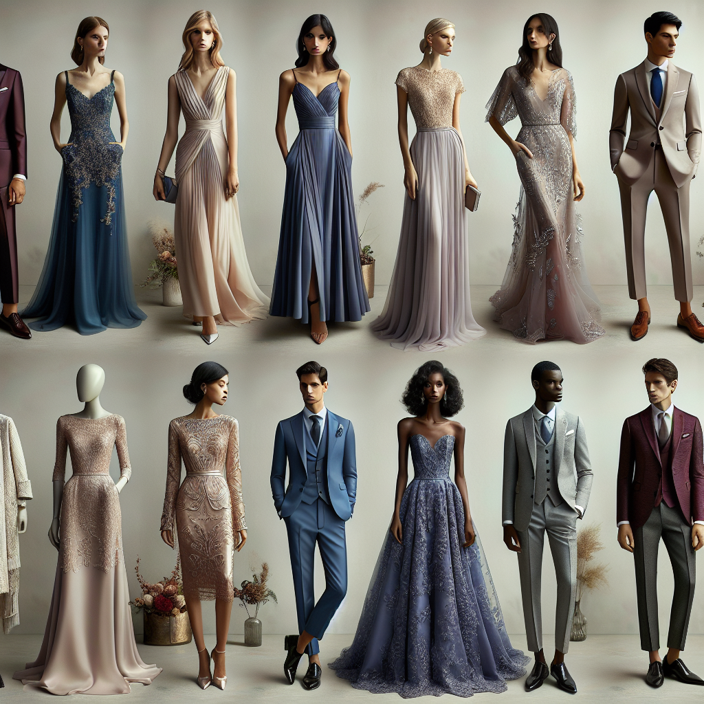 A display of various stunning wedding guest dresses highlighting effortless elegance. The dresses range in styles from tailored and simple to flowy and ornate, with balanced hues of pastels, rich blues, opulent reds, and classy neutral shades. In the mix, imagine a South Asian woman wearing a sleek blush-colored A-line dress, a Hispanic man in a deep-blue tailored suit with a matching tie, a Caucasian woman in a lavish lilac lace dress, and a Black man in a classic grey three-piece suit. Accents of tastefully chosen jewelry and chic accessories complement these outfits.
