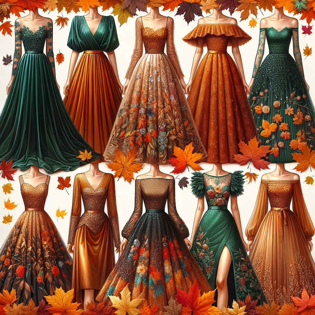 Stunning Fall Wedding Guest Dresses for an October Event A collection of stunning Fall wedding guest dresses suitable for an October event spread out against a backdrop of vibrant orange, brown, and yellow autumn leaves. Include a range of designs: one should be a long flowy dress in dark green velvet, another should be a sequined cocktail dress in gold, and the third should be an off-shoulder dress in burnt sienna. Add details such as lace trims, fabric flowers, and intricate embroidery. Also, illustrate these dresses being worn by people of different descents and genders.
