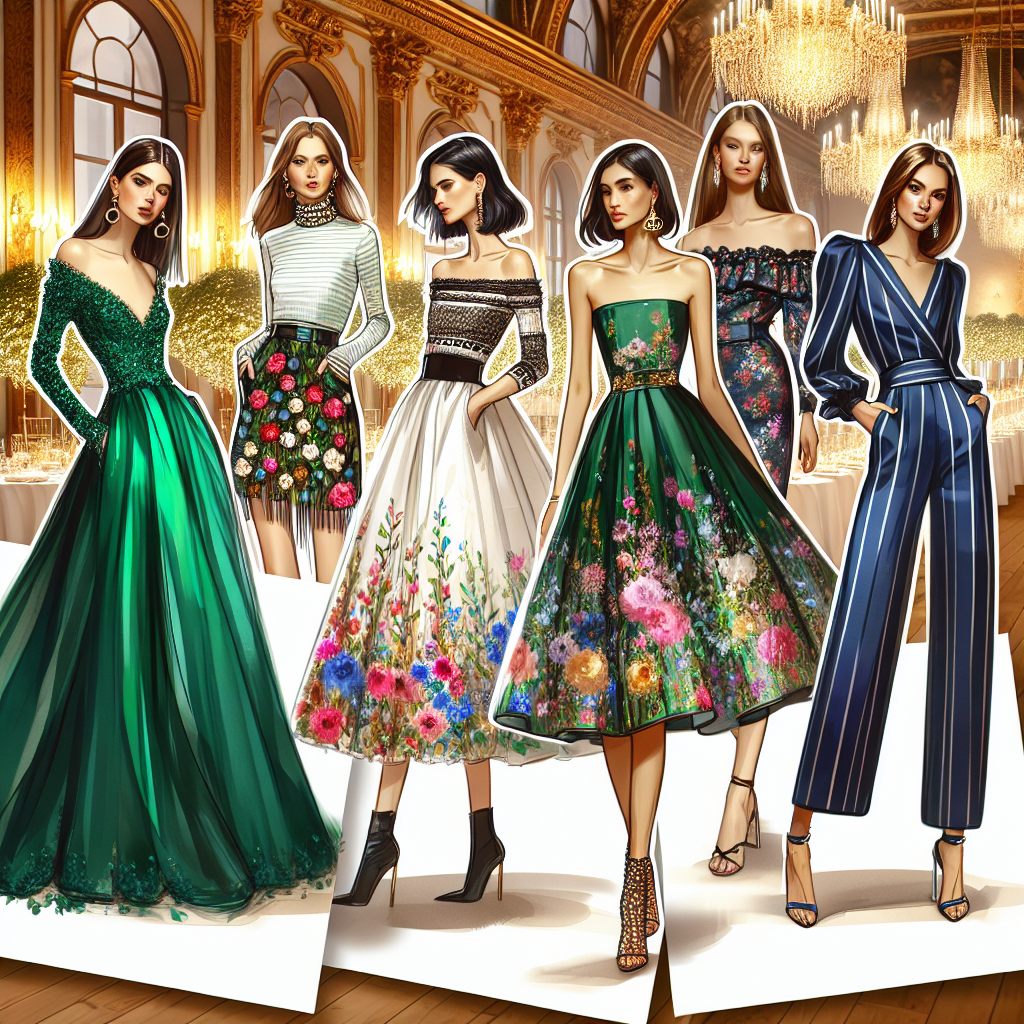 Imagine a vibrant fashion scene capturing a variety of distinct wedding guest dresses. Illustrate a spread of these apparel, containing an elegant long emerald-green gown worn by a Middle Eastern woman, a playful floral midi dress donned by an Asian woman, a sophisticated off-shoulder mini dress clad by a Black woman, and a chic navy-blue jumpsuit worn by a Caucasian woman. Make sure to highlight the uniqueness of each dress and the pride and joy that the women exude. Background can be a grand, well-lit ballroom with tasteful decorations, to enhance the celebratory atmosphere.