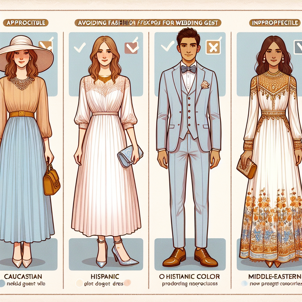 Avoid Fashion Faux Pas: Exclusive Guide on Wedding Guest Dresses Illustrate an informative guide on avoiding fashion faux pas for wedding guest dresses. The scene includes three individuals of different descents - Caucasian, Hispanic, and Middle-Eastern, each illustrating a different style of wedding guest attire. The first individual, a Caucasian woman, is presenting a mid-length pastel color dress coupled with a hat and heels. The second individual, a Hispanic man, is showcasing a formal light-colored suit with a bow tie and shiny shoes. The third person, a Middle-Eastern woman, is wearing an elegant long dress with intricate embroidery. Also, include captions indicating appropriate and inappropriate choices for each style.
