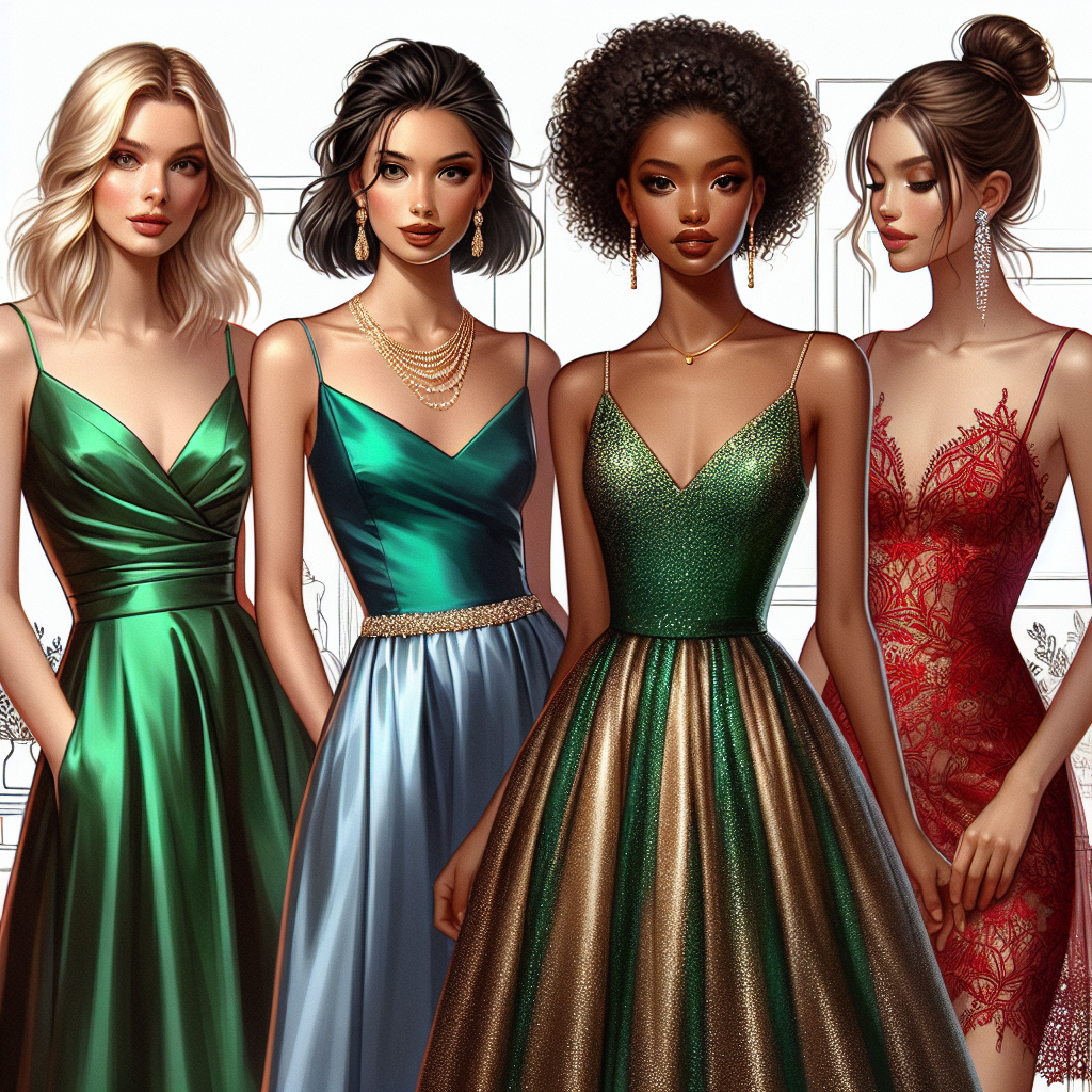 Discover Stunning Wedding Guest Dresses Online Visualize an array of elegant wedding guest dresses. The first one is an emerald green satin gown worn by a Caucasian woman with a sleek, blonde hair updo. The second is a royal blue midi dress donned by a Black woman with curly, raven locks. The third is a gold sequinned dress draped over a South Asian woman with straight, brown hair. Lastly, a petite, red, lacy number is modeled by a Hispanic woman sporting a high, brunette ponytail. All these dresses are displayed against a chic, online boutique backdrop.