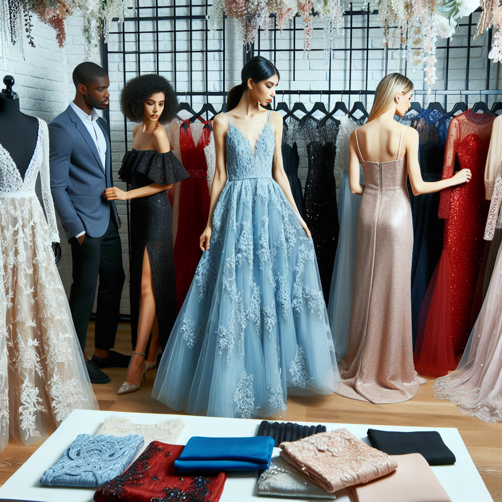 Stunning Wedding Guest Dresses: Effortless Shopping An appealing boutique scene featuring a variety of stunning wedding guest dresses. The dresses span across an array of styles, accessories, and colours. Think lace, satin, florals, and sequins. Some are long and floaty; others are short and chic. A South Asian woman examines a sky-blue A-line dress with intricate embroidery, a black man is admiring an elegant deep red cocktail dress, while a Middle-Eastern woman has her eye on a sleek sequined gown. The ambiance encourages effortless shopping with beautiful lighting and organized displays.