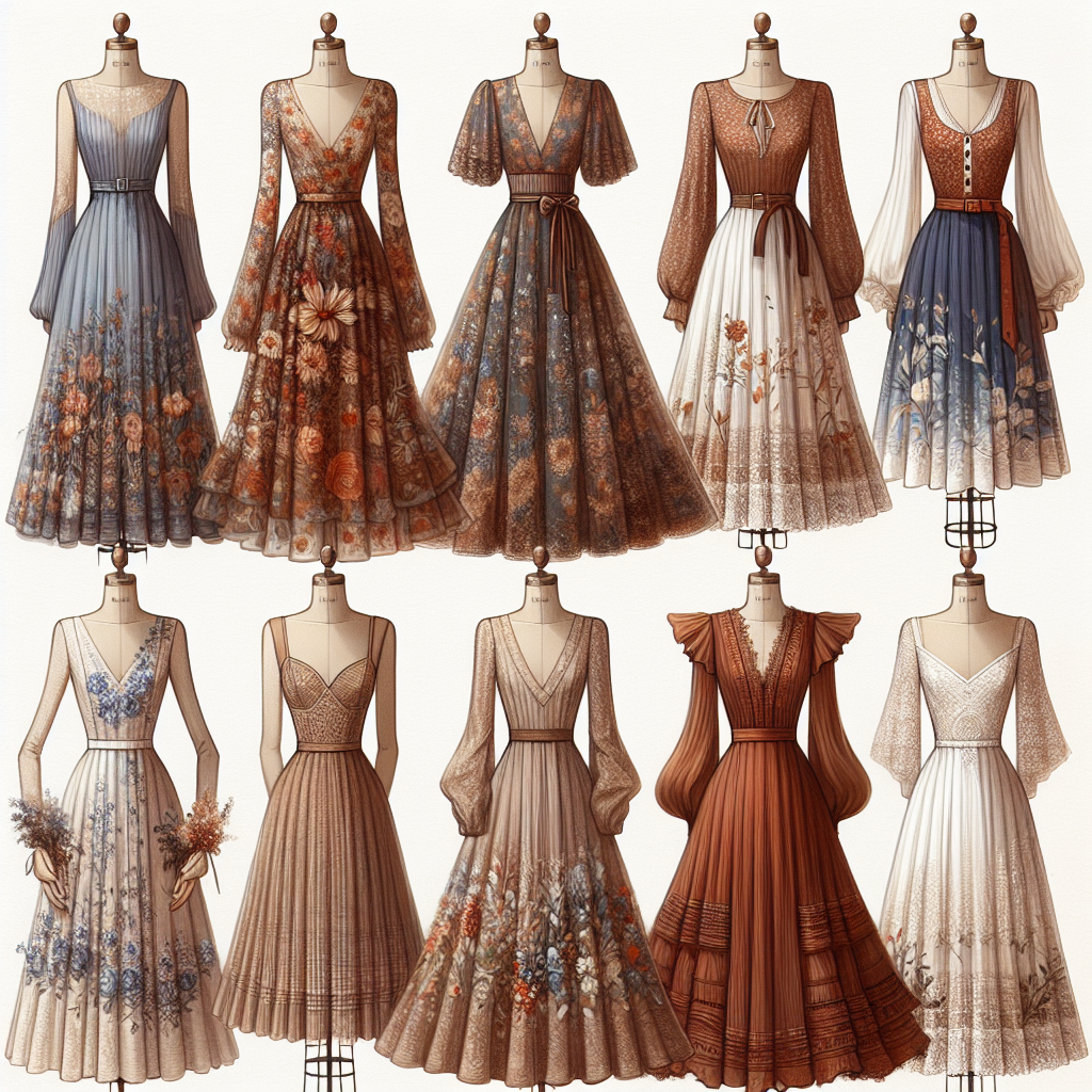 Stunning Fall Wedding Guest Dresses: Find Your Perfect Match Capture a collection of six different beautifully designed fall wedding guest dresses representing a variety of styles. Each dress reflects the essence of the autumn season, incorporating elements such as earthy tones, floral prints, and cozy textures. The dresses should be visually arranged together for comparison. Display them on dress forms to highlight their unique cuts and designs. Include different descent and gender representations in the dress designs, with one dress each specifically designed for a Caucasian, Hispanic, Black, Middle-Eastern, South Asian, and Asian. Each dress should elegantly emphasise the uniqueness of the respective cultural style. Let each masterpiece shine in its own right, providing the perfect match for every wedding guest.