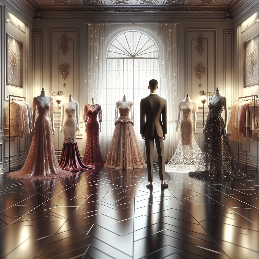 Discover Stunning Wedding Guest Dresses Here Visualize a high-end fashion boutique impeccably arranged with a variety of wedding guest dresses. In the forefront, highlight three different styles: a sophisticated wine red silk dress, an elegant lace ensemble in champagne color, and an avant-garde geometric patterned dress in black and white. The boutique is gracefully lit, with subtle sparkles reflecting off the dresses, enhancing their beauty. A soft, Romanesque window delicately filters light onto a glossy, polished oak floor. This scene is emphasizing a diverse selection for guests of different ages and styles. The guests' ethnicity and gender vary: a South Asian woman, a Hispanic man, and a Caucasian non-binary individual.
