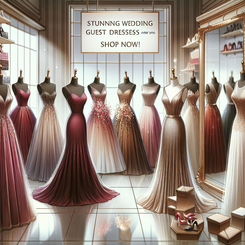 Imagine a beautiful display of wedding guest dresses. Picture an array of designs, from simple and elegant to intricate and bold. These dresses vary in color, some are deep burgundy, while others are pastel pinks or shimmering golds. Each dress complements different body types, some are A-line, featuring a fitted bodice that flares out towards the ground, while others are sheath dresses clinging perfectly to the figure. A sign is hung overhead, exclaiming, 'Stunning Wedding Guest Dresses Near You: Shop Now!' Surrounding the dresses are mirrors reflecting the stunning designs, creating an enticing invitation for onlookers to try them on.