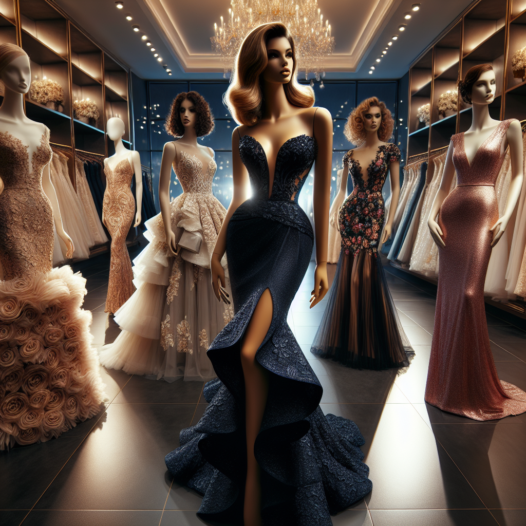 Discover Stunning Wedding Guest Dresses Online! Imagine a beautifully lit, upscale boutique with an array of luxurious wedding guest dresses on display. Your eye is immediately drawn to a captivating gown, a piece of art in itself. It totes a plunging neckline, cascading ruffles made of soft chiffon, and glistening in subtle hues of navy blue. Additionally, an elegant dress, featuring stunning floral lace appliques, mermaid silhouette, and delicate champagne tint, and a trendy cocktail dress, fitted at the waist in radiant fuchsia with bold and modern patterns, stand out. Finally, a mannequin showcasing a sophisticated, curve-hugging black dress with a daring thigh-high slit and a plunging V-neckline. A picture of elegance and fashion diversity for all women around the world.