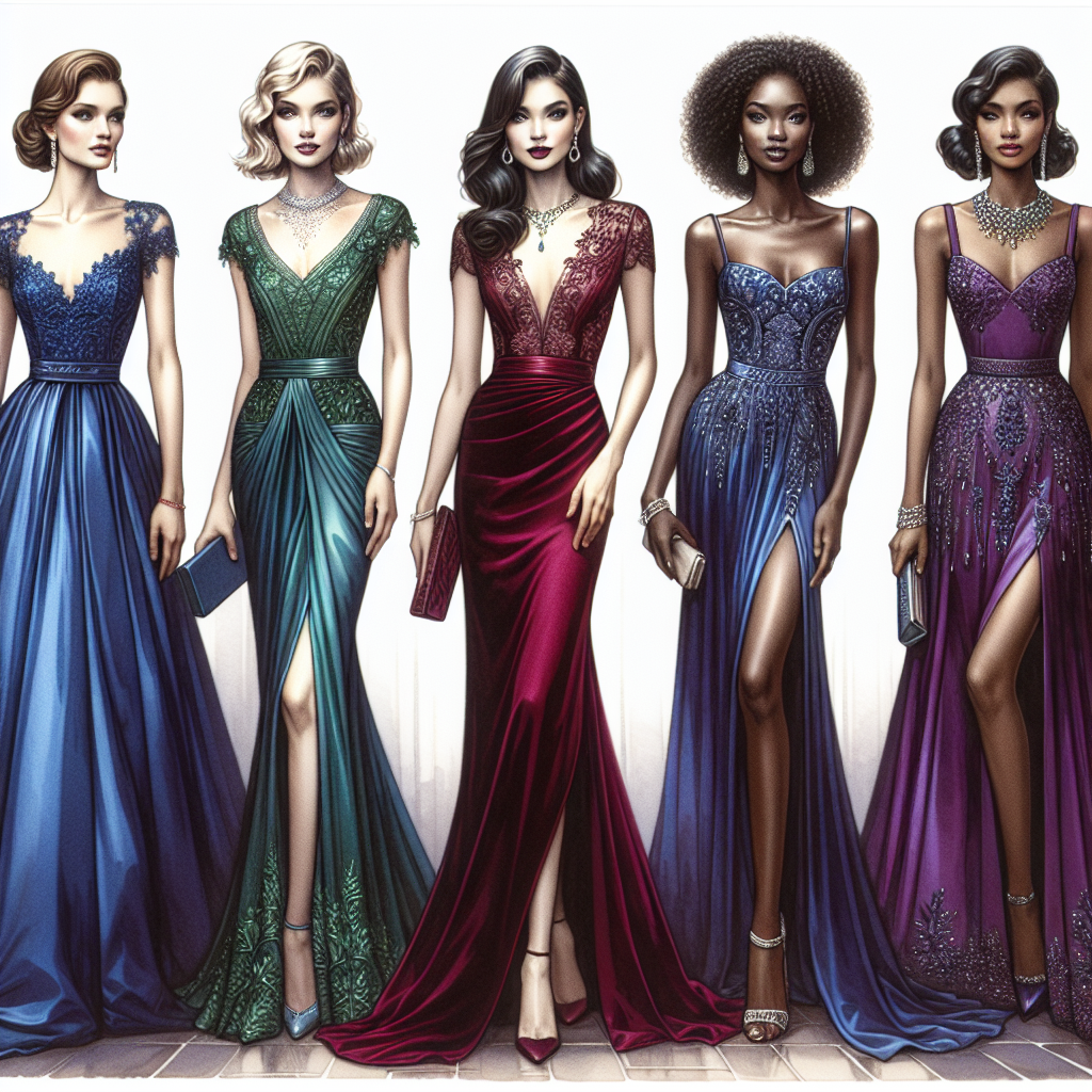 Prepare to be drawn in by an artistic representation of a luxurious fashion show. Displayed are four elegant women, each of different descent, showcasing stunning wedding guest dresses. The Caucasian woman wears a sapphire blue silk gown that flows gracefully to the floor. The Hispanic woman gleams in an emerald green dress with delicate lace details. The Black woman is a vision in a ruby red velvet dress with a tasteful slit. Finally, the South Asian woman glows in a dress of amethyst purple, adorned with intricate beadwork. Each dress possesses an exquisite color that shines effortlessly in the spotlight.