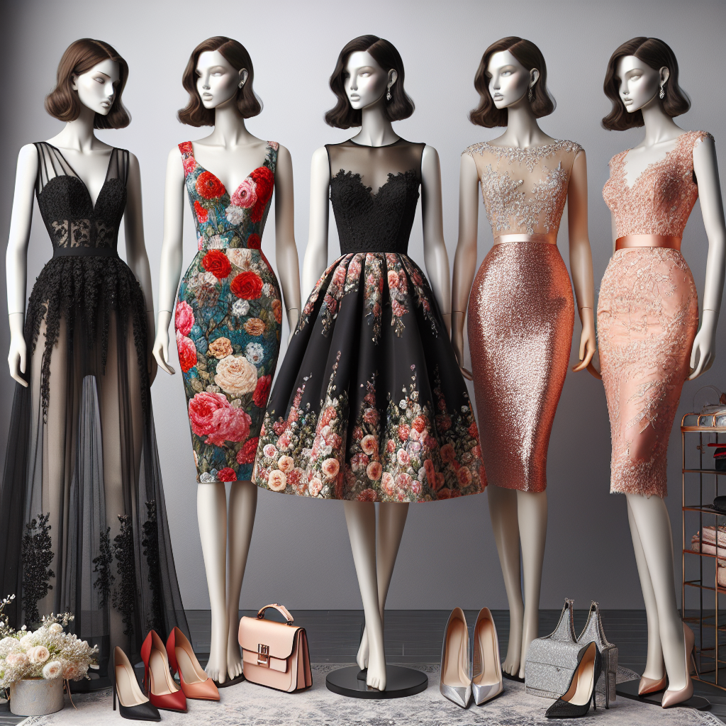 Display a variety of stunning designer dresses suitable for wedding guests. Showcase four distinct styles: a floor-length, black, tight-fitted dress; a bright, floral mid-length dress; a sparkling, short, champagne-colored dress; and a sophisticated, coral pencil dress with lace detailing. Display each dress on a dress mannequin. Include the setting of a chic boutique store with various accessories like handbags and jewellery scattered in the background. Pay attention to the different fabrics and textures of each dress.