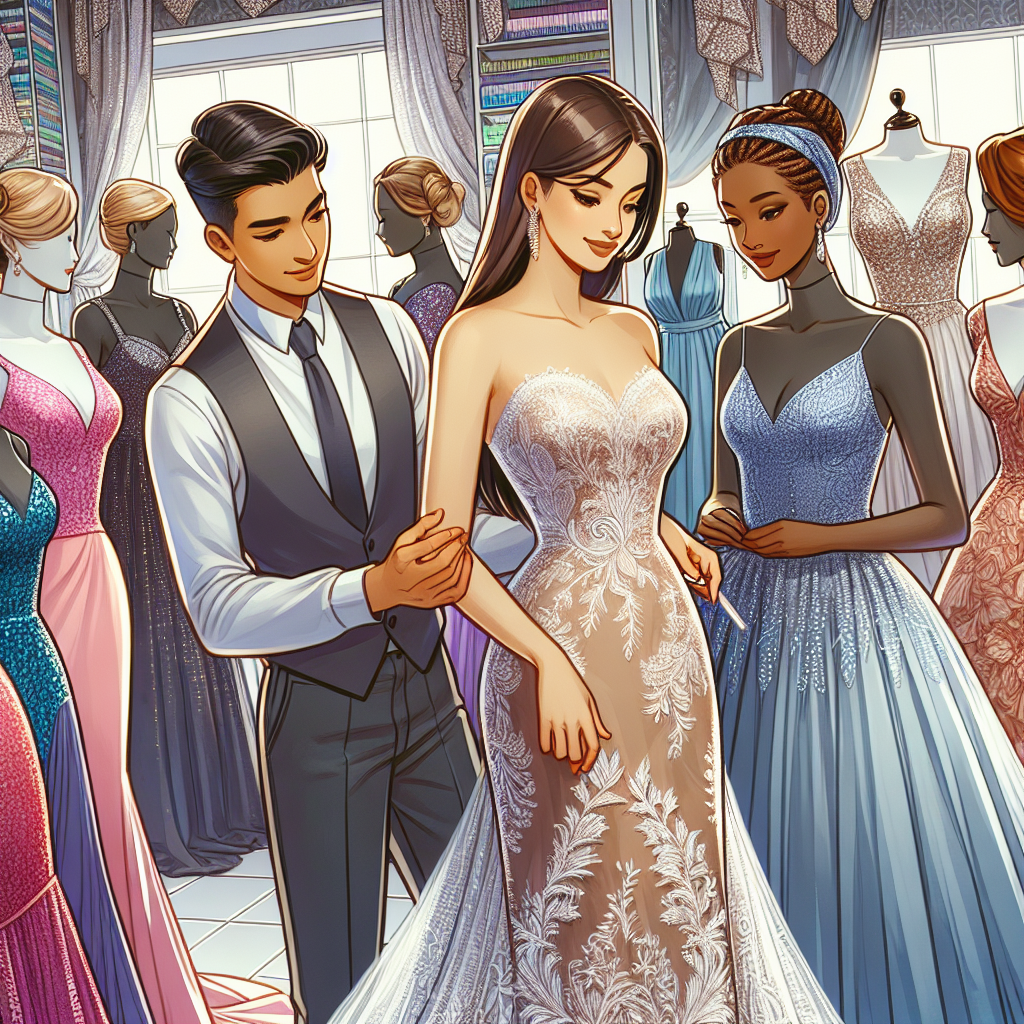Picture an illustrative scene of an upscale elegant boutique in Toronto. It's filled with various stunning wedding guest dresses in a range of styles, fabrics and colours. Some of the dresses are displayed on elegant mannequins; a South Asian woman in her mid-30s, with a slender build, is carefully inspecting a dress, checking its intricate details, with a hopeful smile on her face. A Hispanic male sales assistant in his 40s, is showing another gorgeous dress to a black woman in her early 20s. The fabrics are smooth, lacy, satin, sequined, in colours ranging from deep reds, vibrant blues to pastel shades.