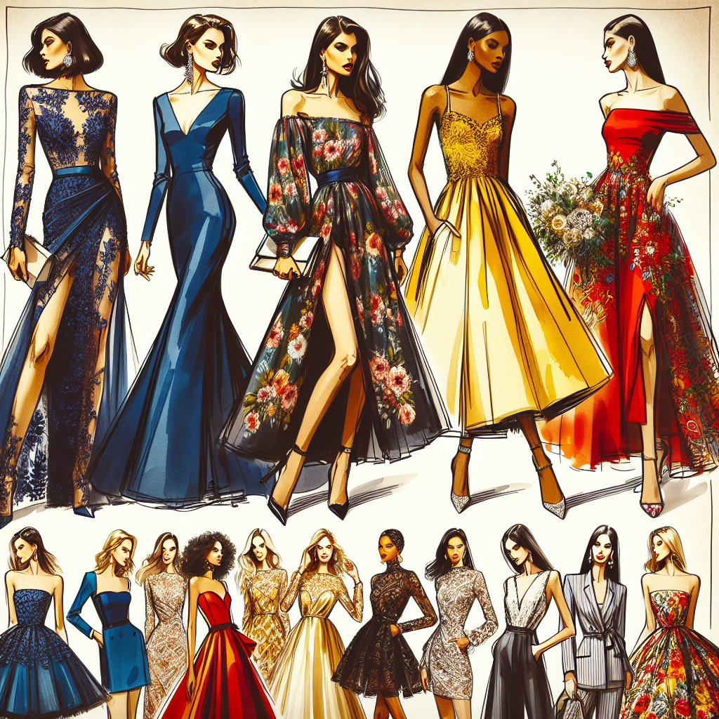 Must-Have Wedding Guest Dresses: Shop Now! Picture a stylish scene displaying an array of must-have wedding guest dresses. Imagine a five various dresses: The first, an elegant evening gown for a Hispanic woman, with long-sleeves and deep navy-blue shade; the second, a cocktail dress adorned with floral prints for a Caucasian woman; the third, a bright yellow summer dress for a Black woman, exemplifying splendid sophistication; the fourth, a traditional sarong for a South Asian woman, decorated with intricate embroidery; and finally, a sleek red dress for a Middle-Eastern woman, embracing contemporary fashion trends. The scene should depict diversity, celebration, and high fashion.