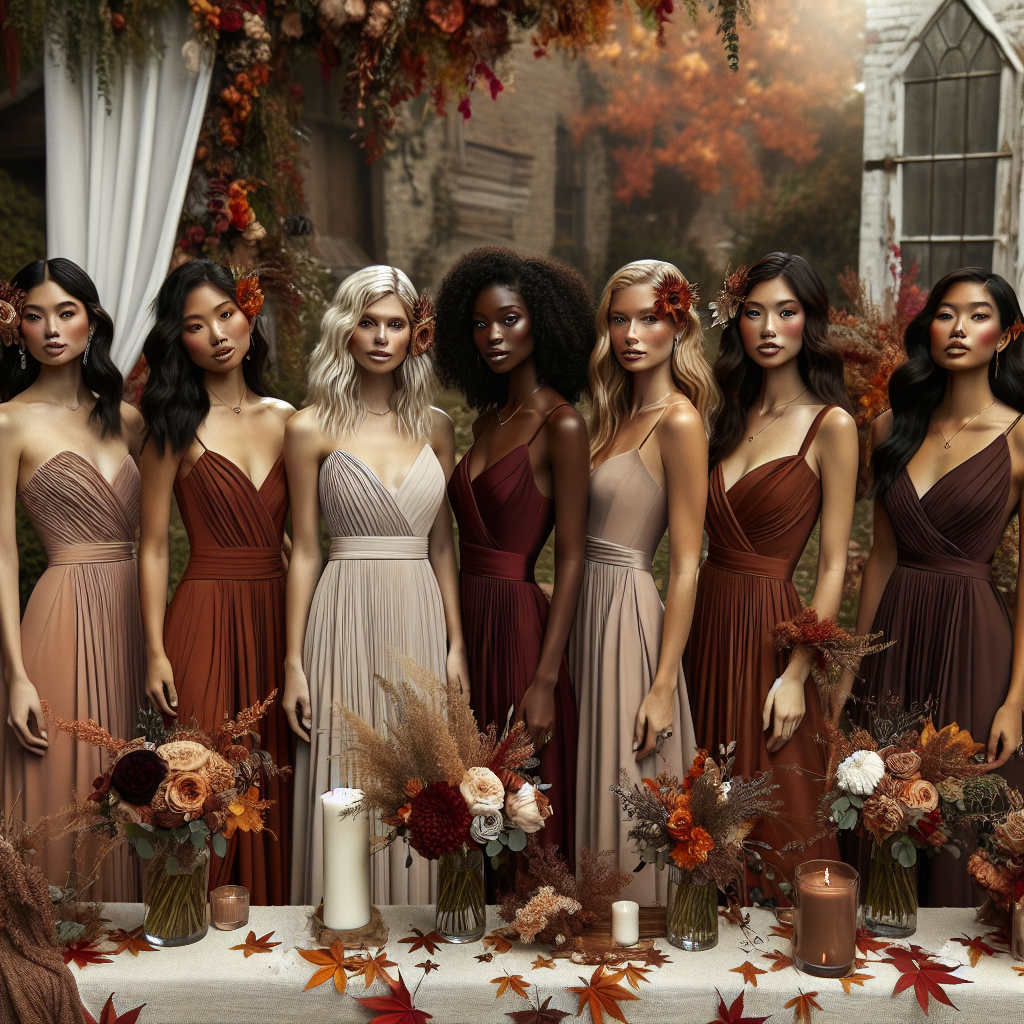 Create a tasteful and dynamic scene incorporating a group of bridesmaids adorned in chic, affordable dresses that exemplify the fall season. In the image, different descent of women including but not limited to, Caucasian, Asian, Hispanic, Black, and Middle-Eastern can be seen. Each bridesmaid's attire should include hues such as burgundy, orange, and taupe, showcasing the warmth and beauty of fall. In the background, hints of an outdoor wedding venue with autumn leaves and rustic decor set the perfect stage. The composition should evoke the feelings of warmth, celebrating diversity, and the bliss of a fall wedding