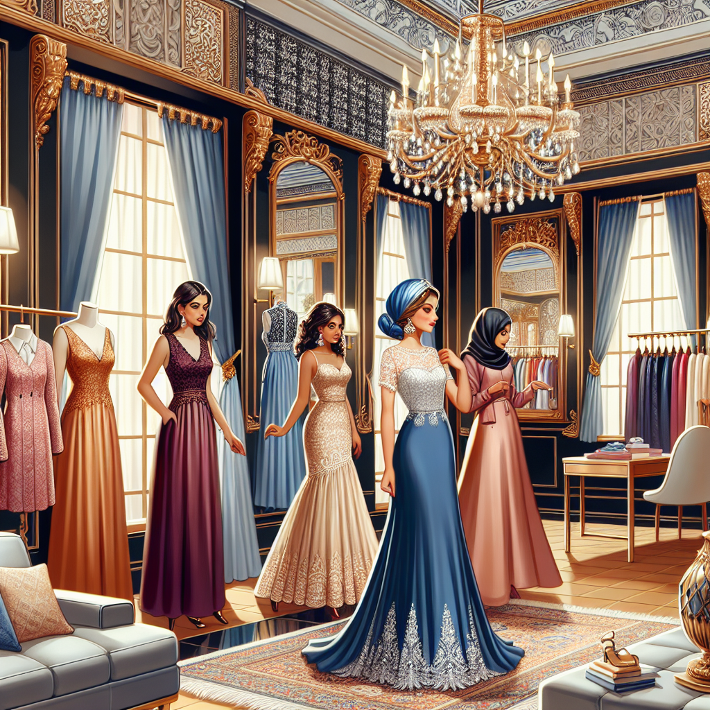 NYC's Best Wedding Guest Dresses: Exclusive Finds! Imagine a vibrant scene set in a deluxe fashion boutique in New York City. This stylish shop is known for its exclusive wedding guest dresses. The shop has lavish dressing areas, plush sofas, chandeliers and mirrors everywhere. In the forefront, a South Asian woman is trying on an elegant royal blue gown adorned with silver detailing, while a Middle Eastern woman is checking out a peach, floor-length dress with delicate lace work. A Black woman is looking at a luxurious burgundy midi dress on the rack and a Caucasian woman is admiring a classic cream silk sheath dress hanging on a mannequin. Each dress exemplifies the exquisite taste and craftsmanship the boutique is renowned for.