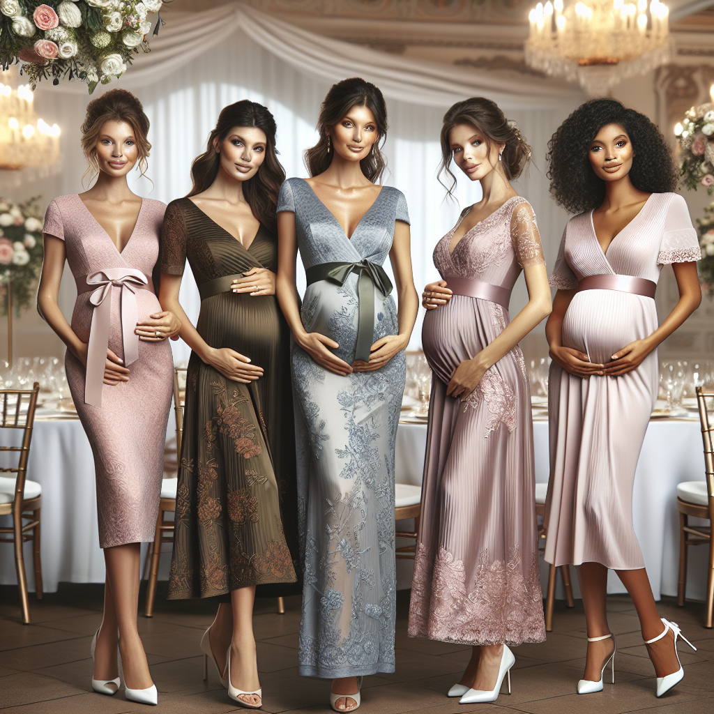 Stunning Wedding Guest Dresses for Expectant Moms Elegant wedding guest dresses designed specifically for expectant mothers set against a romantic setting. Five different women each representing a different descent - Caucasian, Hispanic, Black, Middle-Eastern, and South Asian, model tasteful and fashionable maternity dresses in a variety of styles and colors suitable for a wedding occasion. The background is a softly lit ballroom with chandeliers, round tables covered with white tablecloths, and floral centerpieces. The atmosphere is warm and congenial, a scene of celebration and joy.