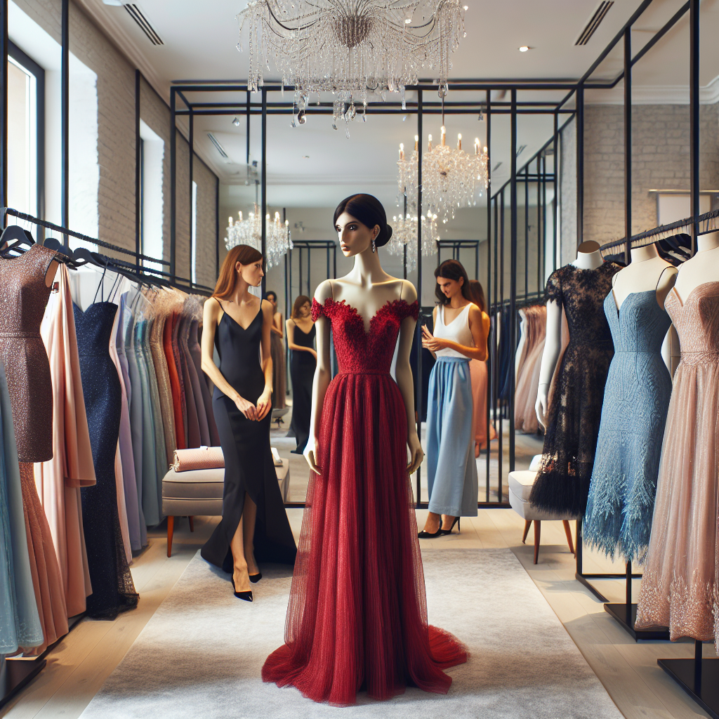 A boutique store filled with various stylish and elegant wedding guest dresses. Racks lined with a range of dresses in different colors, fabrics, and designs. Floating mannequins displaying the latest trends in wedding guest attire, from a beautiful red floor-length silk gown worn by a South Asian woman, a chic navy-blue cocktail dress on a Caucasian woman, to a black lace knee-length dress on a black woman. A softly lit fitting room is visible at the back. Women of different descents are trying on the dresses, admiring themselves in large mirrors, their faces reflecting excitement and satisfaction.