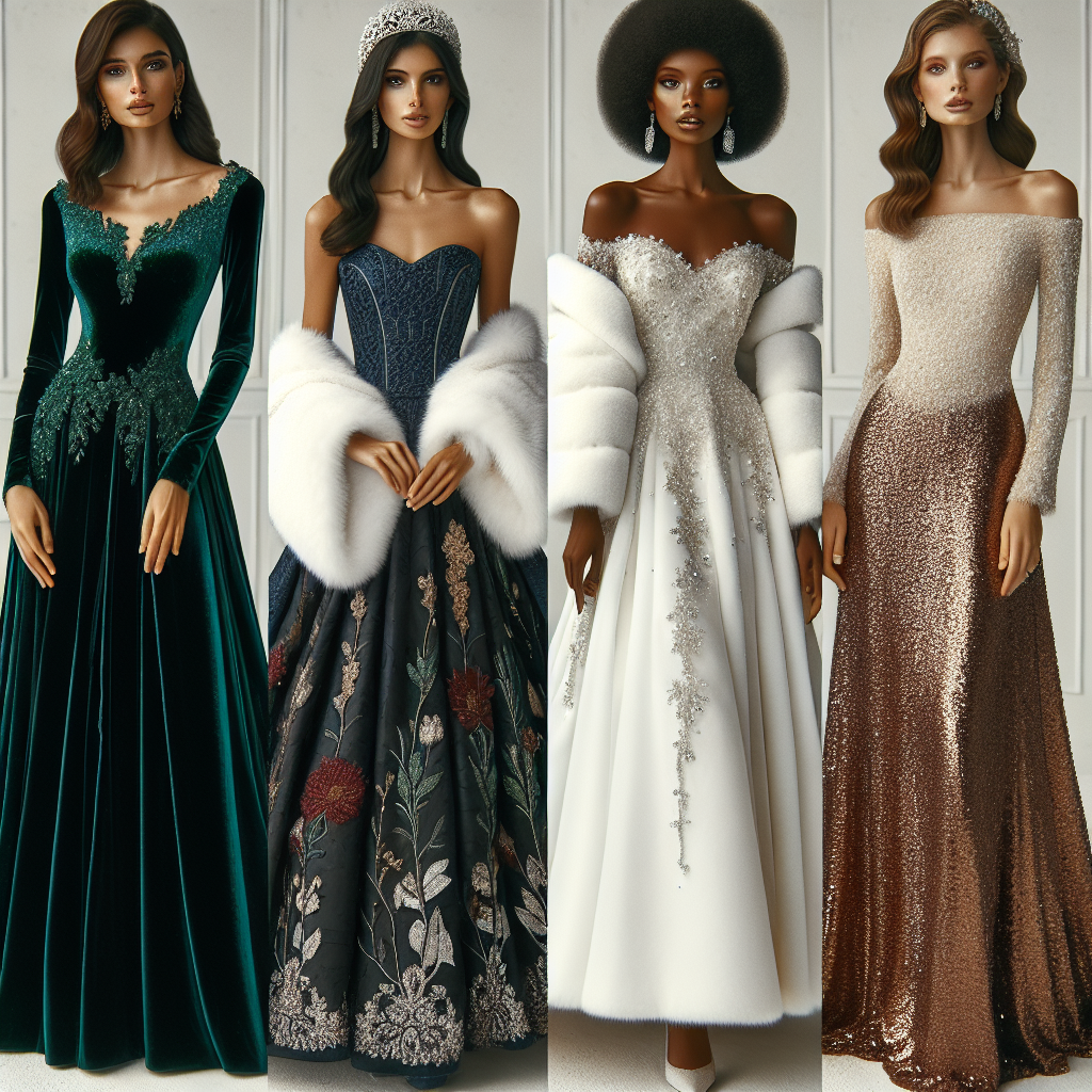 Stunning Winter Wedding Guest Dresses: Must-Have Styles! A stunning winter wedding scene showcasing four different female guests of various descents. The first woman is Middle Eastern wearing a gorgeous emerald green velvet A-line dress with long-sleeves. The second woman is Hispanic, donning a beautiful white, faux fur shawl over a navy blue, knee-length dress with silver embroidery. The third woman is Black, sporting an elegant red floor-length off-the-shoulder gown with subtle sequin details. Lastly, the fourth woman is Caucasian wearing a stunning gold sequin, long sleeve, knee-length dress. All four women are standing side by side, displaying their striking winter wedding outfits