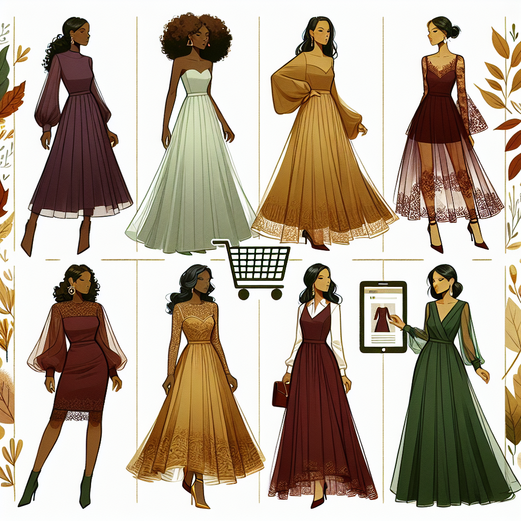 Discover Must-Have Fall Wedding Guest Dresses Online Illustrate a variety of ideal Autumn wedding guest dresses showcased in an online fashion catalog. Image should include four styles of dresses; a plumb knee-length dress modeled by a Black woman, a goldenrod maxi dress displayed by a Hispanic woman, a burgundy midi dress on a South Asian woman, and an emerald green A-line dress worn by a Middle-Eastern woman. Each dress should reflect elements of fall: rich, warm colors, sleeves or coverups for cooler weather, and perhaps elements of lace or chiffon. Use details such as a shopping cart icon or webpage frame to signify online shopping component.