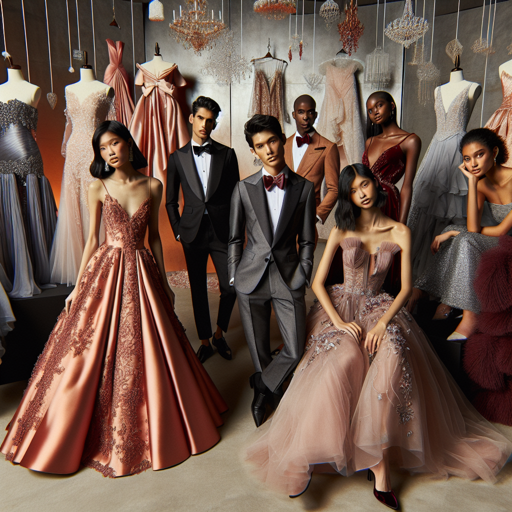 Stunning Wedding Guest Dresses: Exclusive Finds Imagine a setting from a sophisticated fashion magazine showcasing an outstanding display of stunning wedding guest dresses. A diverse group of models are presenting these exclusive finds. On one side, an Asian female model poses stylishly in an elegant coral silk gown with intricate lace embellishments. On the other side, a black male model radiates charisma in a sleek, charcoal grey suit paired with a chic wine red bow tie. In the middle, a South Asian non-binary model flaunts a lavish maroon velvet tuxedo dress. Scattered throughout the scene are other dresses - ranging from pastel summer dresses to bejeweled floor-length gowns, exemplifying wide-ranging styles and craftsmanship.
