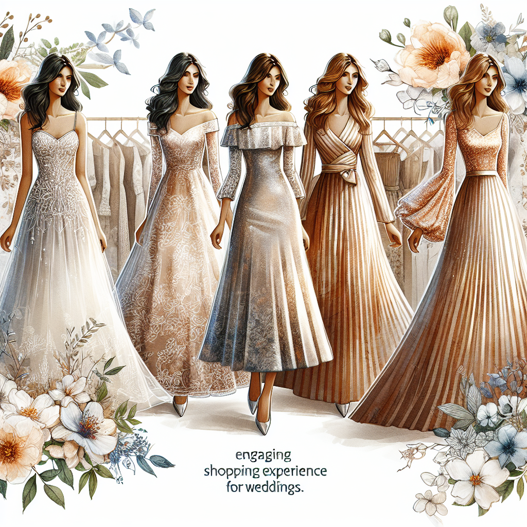 Must-Have Wedding Guest Dresses: Find Your Perfect Fit Imagine an engaging shopping experience for weddings. Visualize a variety of wedding guest dresses elegantly showcased against a background with whimsical floral patterns. The dress types range across several designs: a luminous off-shoulder dress donned by a South Asian woman, through a chic midi dress worn by a Middle-Eastern lady, to a classic wrap dress fitting a Caucasian woman perfectly. Employ a detailed, realistic style and include some pops of strategic color to represent the variety of tones the dresses come in. All should exemplify style, sophistication, and a sense of being the perfect fit for diverse body types.