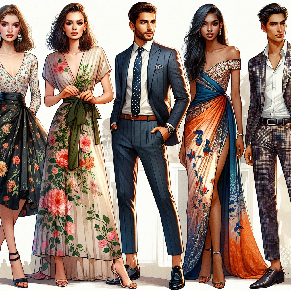 Must-Have Wedding Guest Dresses for Every Style Visualize a stunning array of wedding guest dresses that cater to all styles and tastes. Picture five fashionable individuals showcasing these designs. First, imagine a Caucasian woman wearing a sophisticated knee-length dress in floral print. Second, visualize a Middle-Eastern man in a tailored suit with a playful necktie. Third, see a Black woman in a vibrant, flowy maxi dress with delicate beadwork. Next, picture a South Asian woman in an elegant silk saree with intricate patterns. Finally, envision a Hispanic man in a sleek blazer and trousers paired with a crisp white shirt displaying unique fashion for every style of wedding.