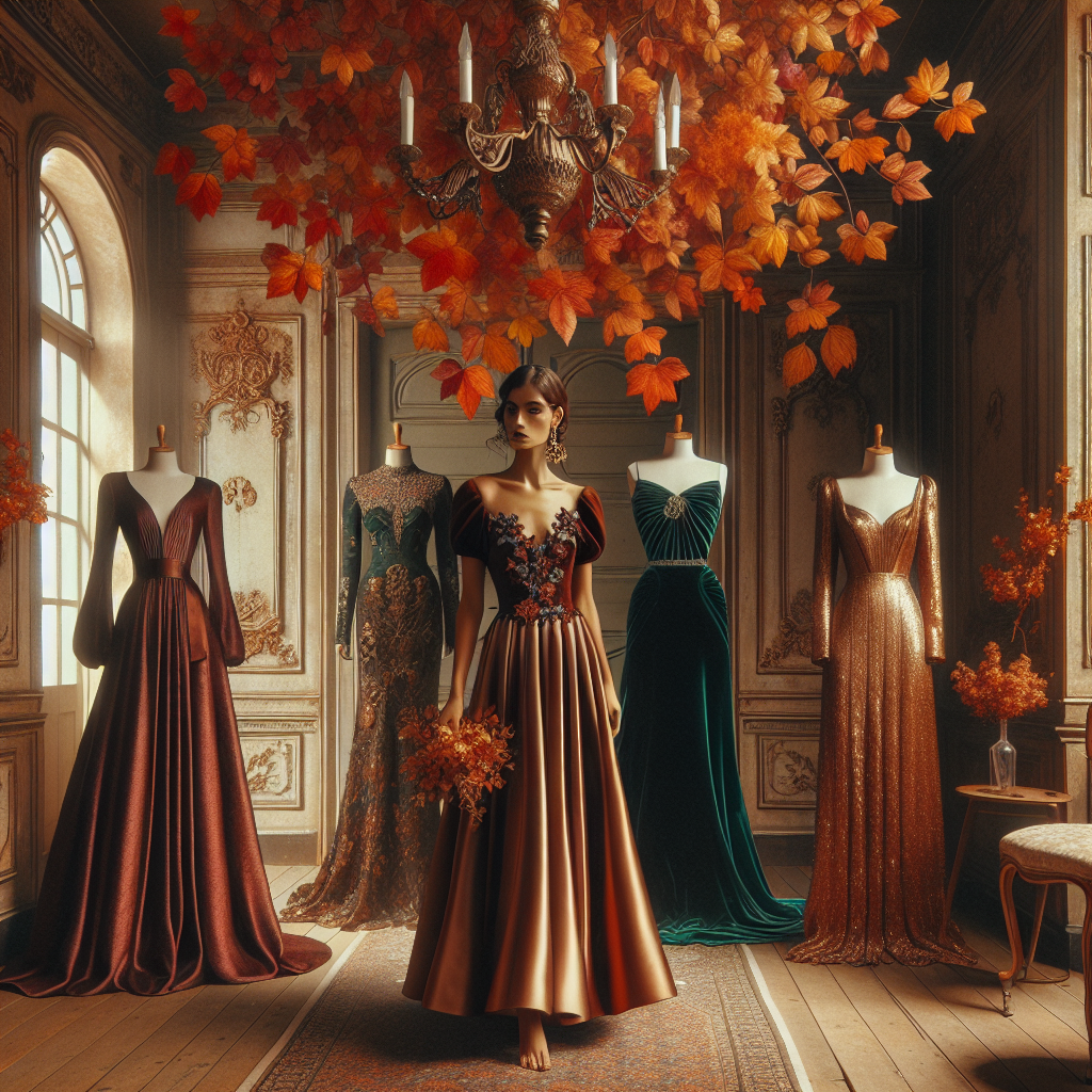 Discover Must-Have Fall Wedding Guest Dresses Imagine entering a nostalgic vintage boutique filled with exquisite fall wedding guest dresses. In the foreground, find three dresses showcasing the rich tones of autumn. One, a flowing merlot midi-dress worn by a Caucasian woman with braided auburn hair. Another, a deep emerald green velvet gown modelled by a South Asian woman with a sleek bun hairstyle. The last, a brocade gold dress accentuating the elegance of a Black woman with an afro style hair. Complementing the aura, fiery leaves are cascading from an antique chandelier elegantly hanging from the ceiling.