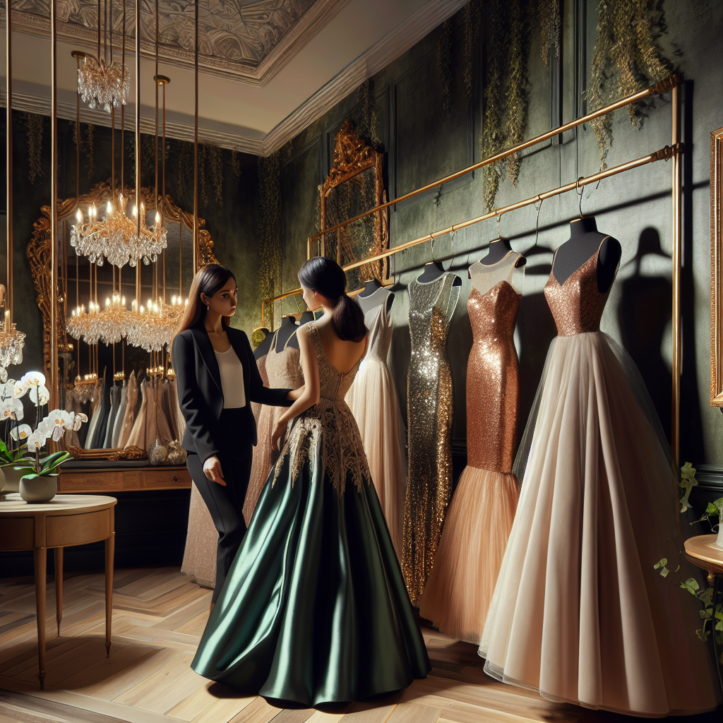 Imagine an elegantly composed scene in a high-end boutique that specializes in wedding guest attire. The boutique features a variety of exquisite dresses hanging on muted gold fixtures. One dress, in particular, stands out - an emerald green, floor-length gown made from satin, with intricate lace detailing at the back. Another dress, a cocktail length dress in champagne color with brilliant sequins, glitters under the warm lighting. A sales assistant, a competent looking Middle-Eastern woman wearing a stylish black suit, is helping a South Asian female customer make a selection. The customer is visibly amazed by the stunning collection around her. The boutique's interior is tastefully decorated with potted orchids and framed, baroque-inspired mirrors on ivy-green walls.