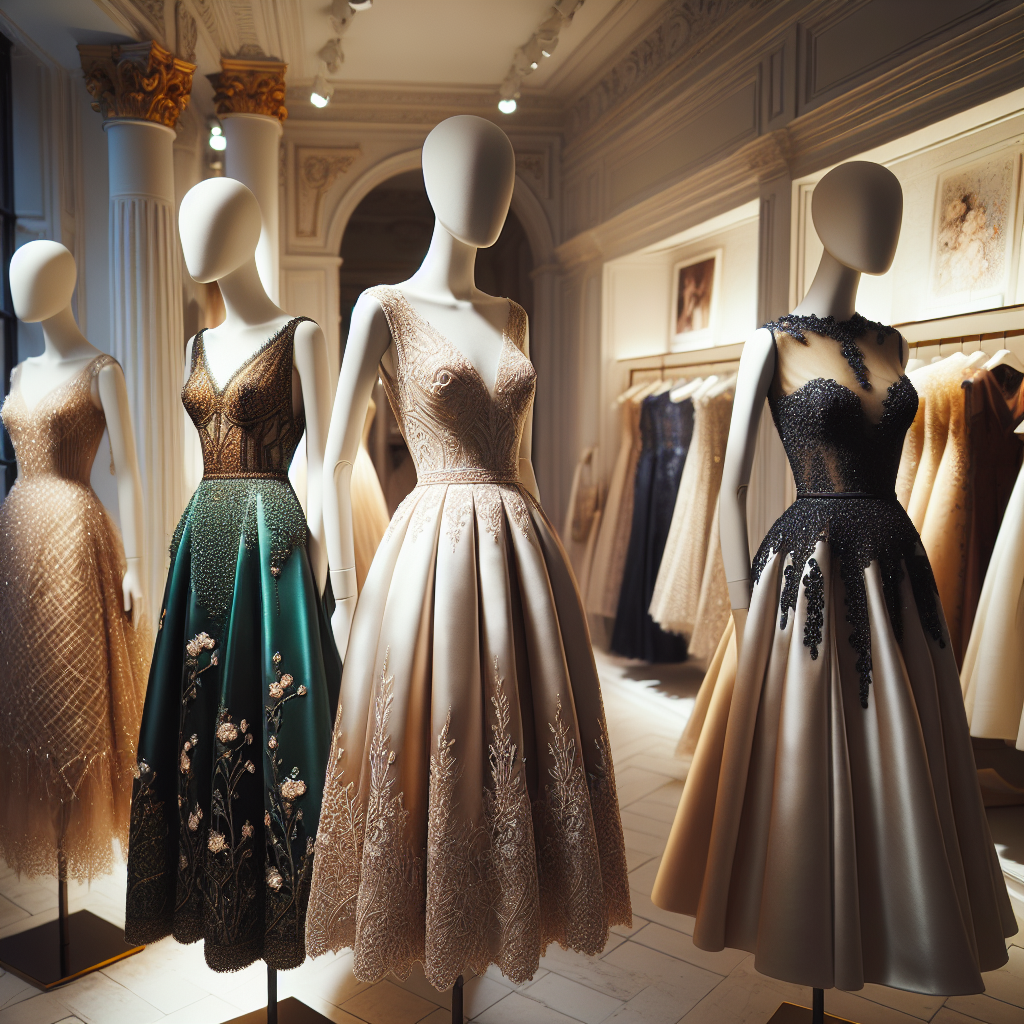 Discover Stunning Wedding Guest Dresses in London Imagine a beautifully lit boutique in London. In this boutique, there is a variety of stunning wedding guest dresses displayed on mannequins. One dress is an elegant silk, A-line dress with lace detailing in a rich shade of emerald green. Another is a sophisticated champagne-colored dress with intricate beadwork and a high neck. A third dress is a classically beautiful navy-blue dress with a fitted bodice and flowing skirt. Each dress captures a different style, catered to diverse preferences. Include detailed close-ups of the designs, the textures, and the colors of these dresses.