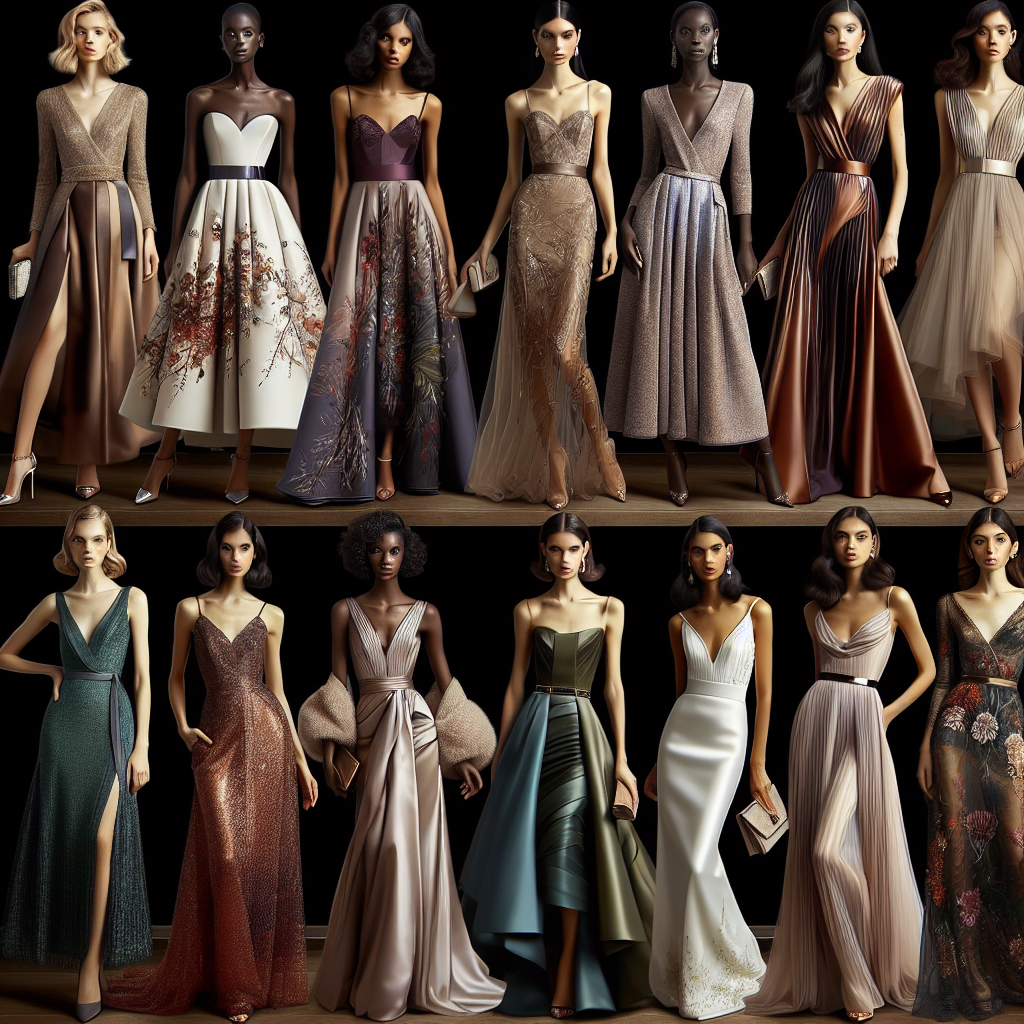Discover Stunning Wedding Guest Dresses: Best Picks! A curated fashion showcase featuring a variety of best picks for stunning wedding guest dresses. The dresses vary across different styles and design trends - with sleek, long evening gowns, elegant cocktail dresses, and stylish midi dresses. Some of the pieces stand out with beautiful earthy tones, while others are more vibrant with jewel-like colors. Display a diverse group of models showing off these dresses, each of different ethnicity and body shape, to demonstrate the versatility and appeal of these styles.