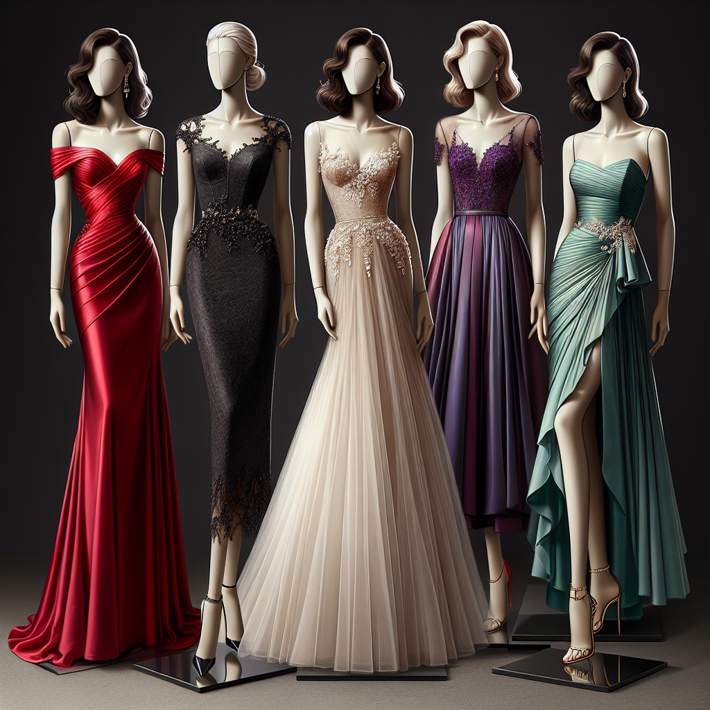 Stunning Formal Wedding Guest Dresses: Must-See Styles! Visualize an array of elegant formal wedding guest dresses featuring must-see styles. Imagine a display of five dresses on sleek mannequins. The first dress is a floor-length, silky red gown with an off-the-shoulder design on a Caucasian mannequin. The second is a fitted black lace dress with cap sleeves on a Hispanic mannequin. Third, a bold purple A-line dress with beaded detailing on an Asian mannequin. Fourth, a champagne-colored, strapless dress with a ruffled skirt on a Middle Eastern mannequin. Lastly, a mint green, sleeveless maxi dress with a halter neckline on a Black mannequin.