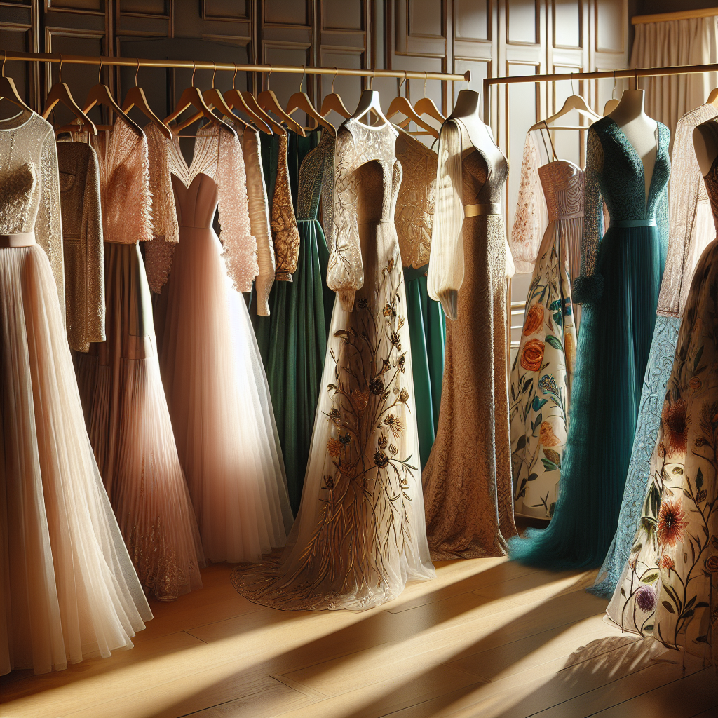 Discover Must-Have Wedding Guest Dresses Now Visualize a boutique setting with an array of exquisite wedding guest dresses hung on display, basking in the warm light. Include a variety of styles, like a long, flowy A-line dress in pastel pink, a sleek black body-hugging sheath dress, an elegant champagne-colored lace dress with long sleeves, and a vibrant floral print maxi dress. Showcase some diversity by representing a South Asian woman wearing a dress inspired by a traditional sari with intricate gold embroidery, an African American woman in a structured royal blue tulle gown, and a Caucasian woman in a bohemian-style green chiffon dress.