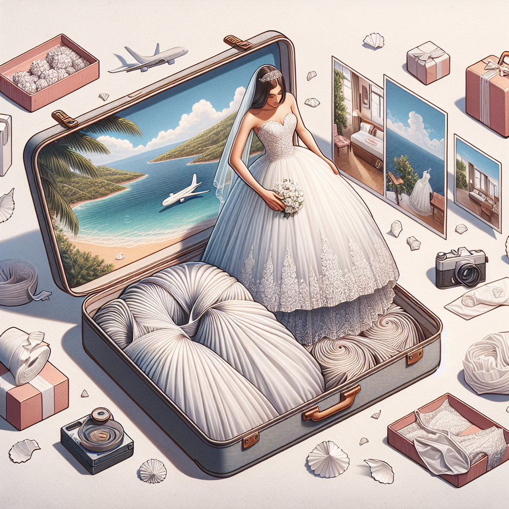 How to Pack Your Wedding Dress: Effortless Tips for Destination Ceremonies A complete guide creating scenario showcasing the process of packing a wedding dress. It is an ultimate packing masterpiece. In the left foreground, focus on an open, spacious suitcase sitting on a bed surrounded by delicate tissue paper. In the center, a bride of Arab descent, holding a beautiful, elegant white wedding gown, neatly folding it into the suitcase. The bride's determination and excitement echoing through her eyes. The right side showcases a blissful destination - perhaps a balmy beach or exotic countryside. This scenario represents tranquility and excitement in harmony, offering tips for destination wedding packing.