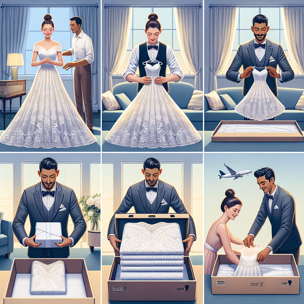 Effortless Guide: Pack Your Wedding Dress Perfectly A step-by-step visual guide to packing a wedding dress for travel. The first image features a Caucasian woman gently folding a white, lacy wedding dress. The second image shows a Hispanic male neatly placing the folded dress into a specially-designed box, with layers of acid-free tissue paper in between the folds. The third image reveals the secured dress within the box, ready for transportation, handled by a South Asian woman. The background is a well-lit, elegantly decorated room, adding to the serenity and excitement of the event. Please ensure all individuals display professionalism and care while handling the dress.