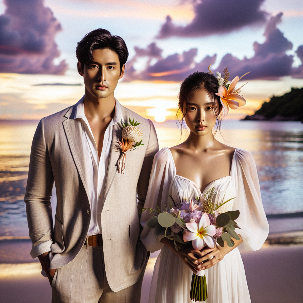 Envision a breathtaking beach wedding scenario during sunset. In the foreground, a man, dressed in a light khaki suit with an open-collared white shirt stands, holding a bouquet of tropical flowers. On his side, a woman dons a simple yet elegant summer wedding dress, her hair adorned with a few sea shells. Both individuals of Asian descent, they exude an aura of serene joy. The backdrop reveals the sun setting over the tranquil sea, coloring the sky with hues of purple, orange, and pink. This picturesque scene encapsulates the essence of effortless beach wedding attire.