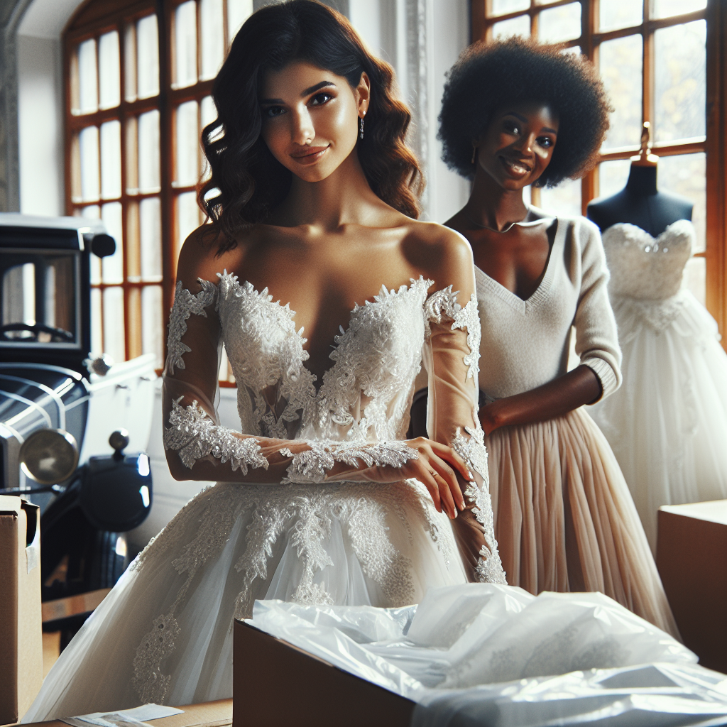Effortless Guide: Transport Your Stunning Wedding Dress An image showcasing a detailed scene in a gentle and elegant mood. Two women, one a Middle-Eastern bride in a stunning white wedding dress adorned with intricate lace patterns and delicate pearl embellishments, and another African-American woman who appears to be a professional dress transporter with a warm and reassuring smile. They stand in a carefully arranged room with visible protective garment bags, sturdy boxes, and tissue papers, revealing the process of packing up the beautiful dress. Through a window, a vintage style transportation vehicle, perhaps an old-fashioned carriage or a classic car, waits outside in anticipation.