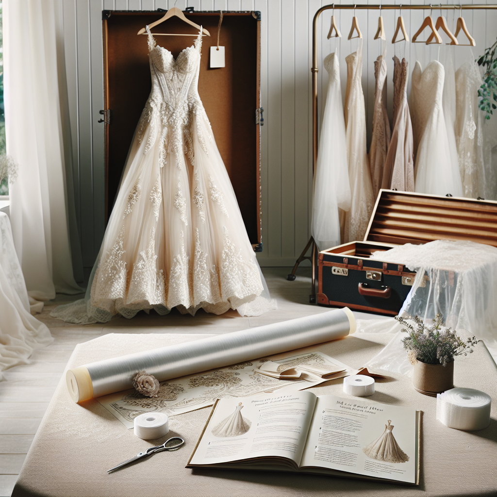 Picture this: a calming atmosphere with soft, natural lighting. In the center, there's a beautifully detailed wedding dress hanging from a wooden hanger, possibly an intricate A-line or mermaid style dress with delicate embroidery and lace detailings. On a table nearby, you notice a step-by-step written guide on satin paper laid neatly, it's titled 'Effortlessly Pack Your Wedding Dress'. The instructions include things like arranging tissues, rolling the dress, utilizing a dress bag and so on. The surrounding area has packing materials like plastic wrap, tissue paper, and a trunk-style suitcase open and ready.