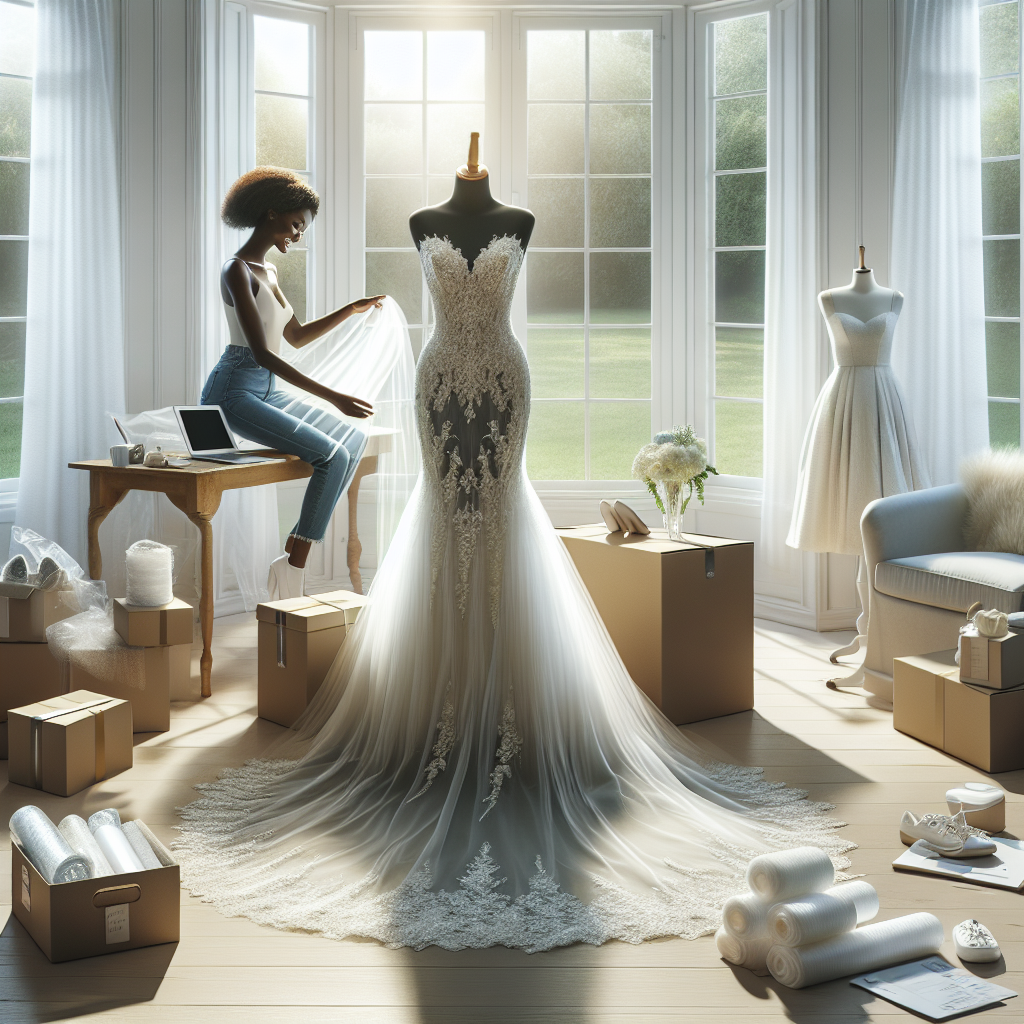 Effortless Guide: Ship Your Dream Wedding Dress Visualize a serene setting where a beautifully designed wedding dress is being prepared for shipping. The dress is displayed on a mannequin against a backdrop of soft light filtering in from a bay window. The luxurious bridal gown is embellished with delicate lace and intricate crystal beading, the long train pooling elegantly at the base. Nearby, a variety of packing materials like breathable garment bags, tissue paper, and sturdy boxes are neatly arranged. Also, a bride-to-be of Black descent is smiling with anticipation as she inspects the dress before sending it off. Capture the feeling of careful preparation and joyful expectation.