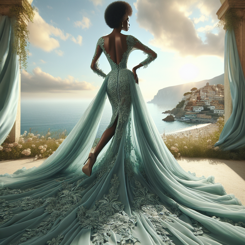 Destination Wedding Guest Dress: Must-Have Elegance Visualize an elegant scene at a destination wedding. The perspective is focused on a wedding guest's attire. This guest possesses enormous elegance, standing out from the crowd. She is a middle-aged, black woman with grace and style. Her dress is a magnificent seafoam green, floor-length gown that subtly glimmers in the natural light. Featuring intricate lace details, an open back, and a flowing train, the dress merges traditional and contemporary design elements. Complete the scene with beautiful scenic backdrops typically found at destination weddings such as a beach at sunset, a vineyard, or a castle.