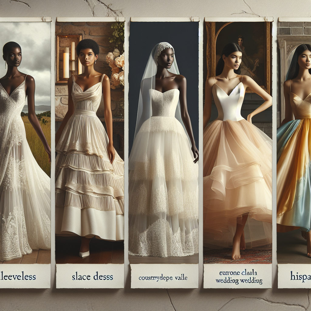 Destination Wedding Dress: Must-Have Styles for Your Dream Day Envision a setting where wedding dresses designed for different destinations are on display. Imagine a sleeveless, lace gown styled perfectly for a beachside ceremony, worn by a Black woman. Gaze upon a silk dress designed with intricate layers ideal for a countryside wedding on a middle-eastern woman. Visualize a vintage inspired wedding dress tailored for a European castle wedding, on a Hispanic woman. Lastly, a bright chiffon wedding dress meant for a tropical island wedding worn by a South Asian woman. Display these diverse designs in soft, romantic lighting.