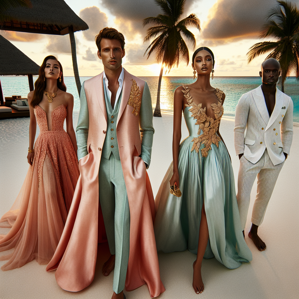 Destination Wedding Dress Guest: Must-Have Styles An elegant, high-fashion scene at a destination wedding. A Middle Eastern woman is wearing a floor-length, coral pink, silk chiffon gown paired with gold jewelry. Next to her, a Caucasian man is donned in a chic, mint-green linen suit contrasting the warmth of the sand. A black woman, showcasing a stylish ice-blue, knee-length dress exhibiting the finest embroidery, adds to the luxurious ambiance. On the far side, an Asian man in a classic white seersucker suit appears ready to celebrate. The breathtaking coastal backdrop, the palm trees, azure seas, and setting sun form a truly serene atmosphere.