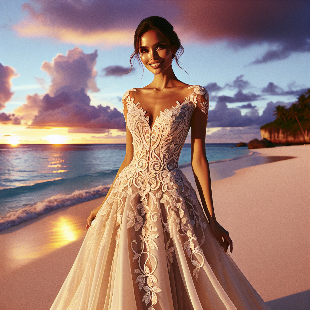 Stunning Mother of the Bride Dresses for Destination Weddings Picture a tropical beach wedding scene at sunset, the azure sky painted with hues of orange and purple. An elegant woman, of South Asian descent, the mother of the bride, is standing on the soft, tan-coloured sand. She is dressed in a meticulously tailored wedding dress, made of ivory silk that shimmers under the fading sun. The dress has a flattering empire waist and a flowing skirt adorned with delicate, winding patterns of intricate lacework. Her angled face epitomizes grace, and her smile gleams with pride and joy, reflecting the beautiful love-filled spectacle unfolding around her.